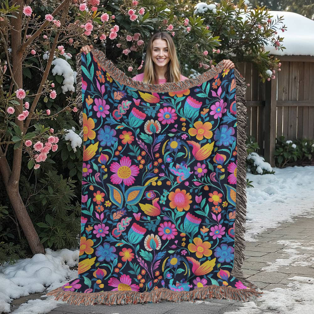 Mexican Floral Fiesta Pattern 049 - 60" x 80" Heirloom Woven Blanket