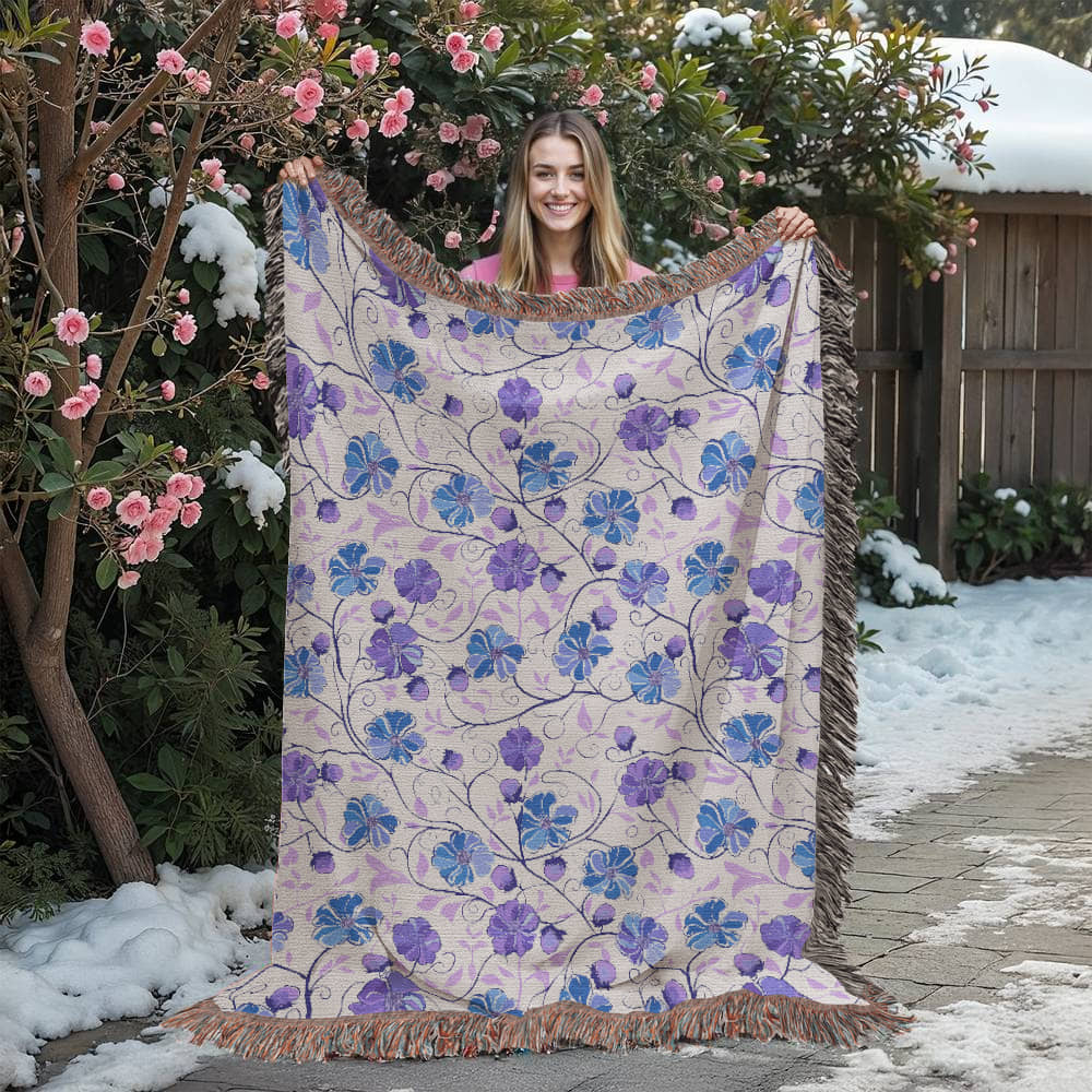 Blue And Purple Floral Pattern 024 - 60" x 80" Heirloom Woven Blanket