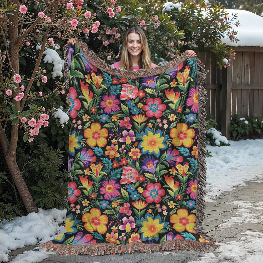 Mexican Floral Fiesta Pattern 030 - 60" x 80" Heirloom Woven Blanket