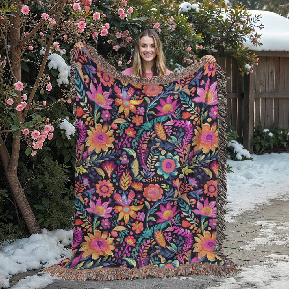 Mexican Floral Fiesta Pattern 059 - 60" x 80" Heirloom Woven Blanket