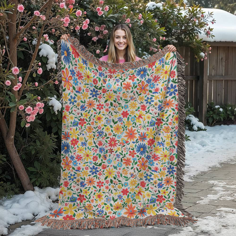 Mexican Floral Fiesta Pattern 009 - 60" x 80" Heirloom Woven Blanket