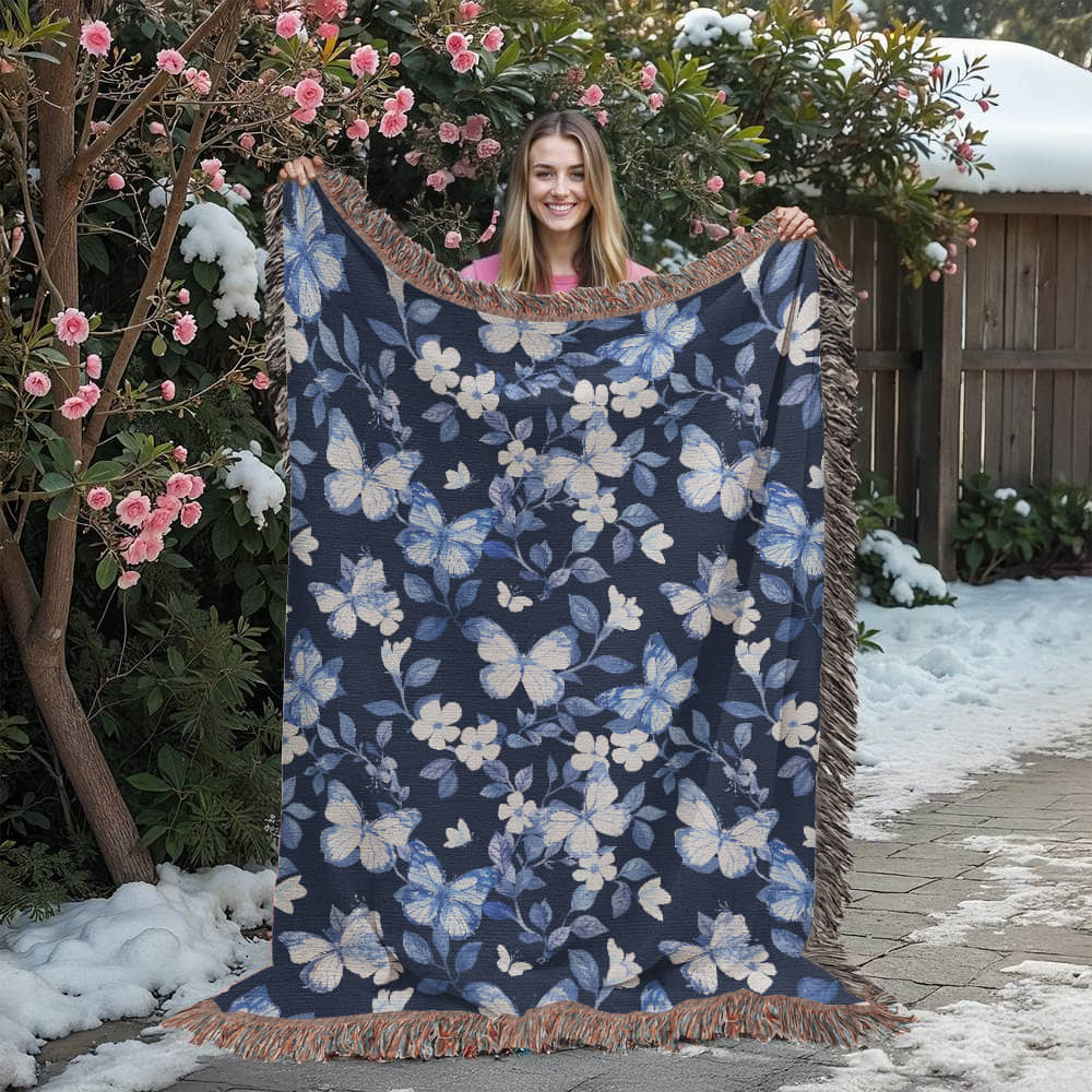Butterflies And Flowers Pattern 012 - 60" x 80" Heirloom Woven Blanket