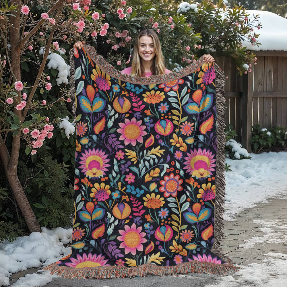 Mexican Floral Fiesta Pattern 058 - 60" x 80" Heirloom Woven Blanket