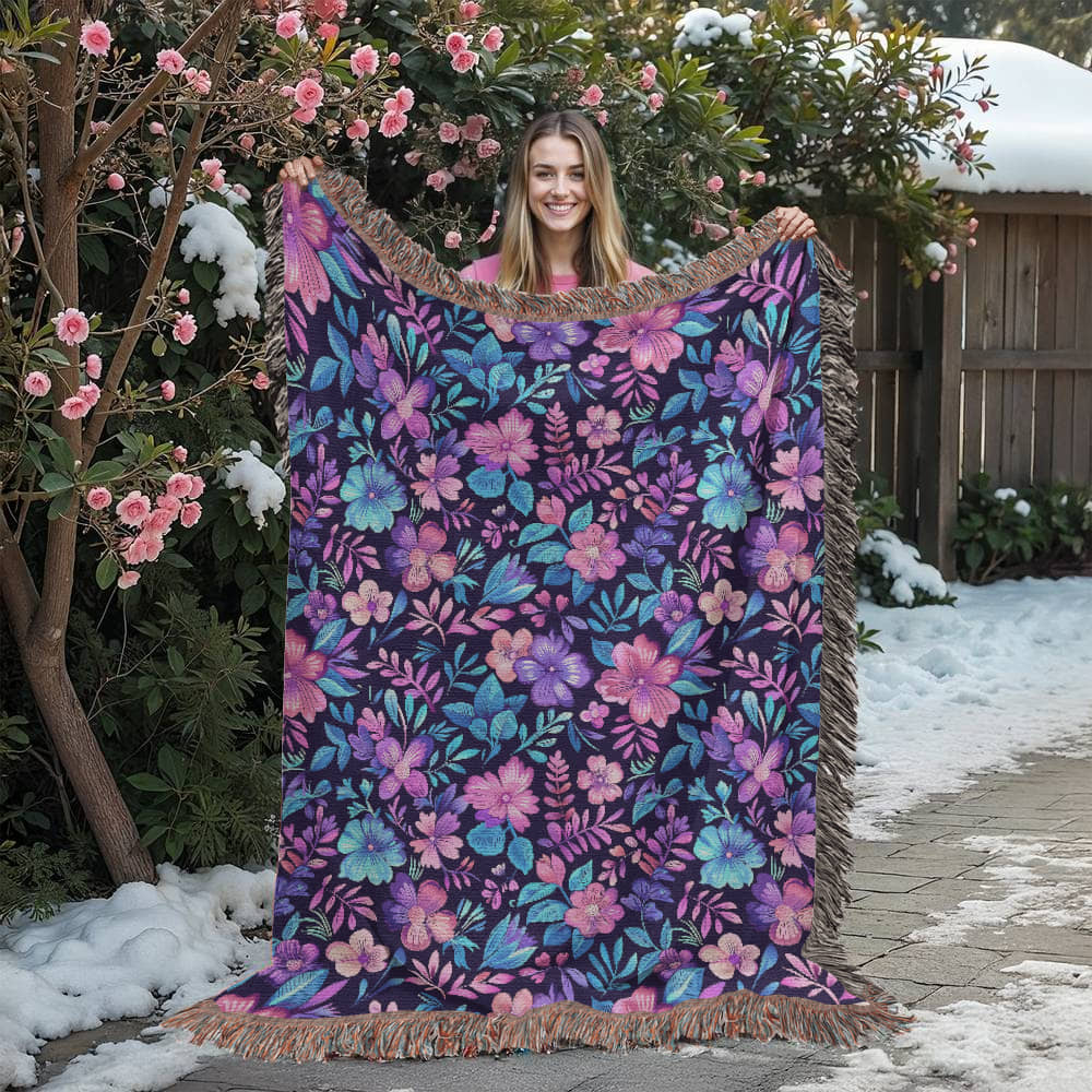 Blue And Purple Floral Pattern 015 - 60" x 80" Heirloom Woven Blanket