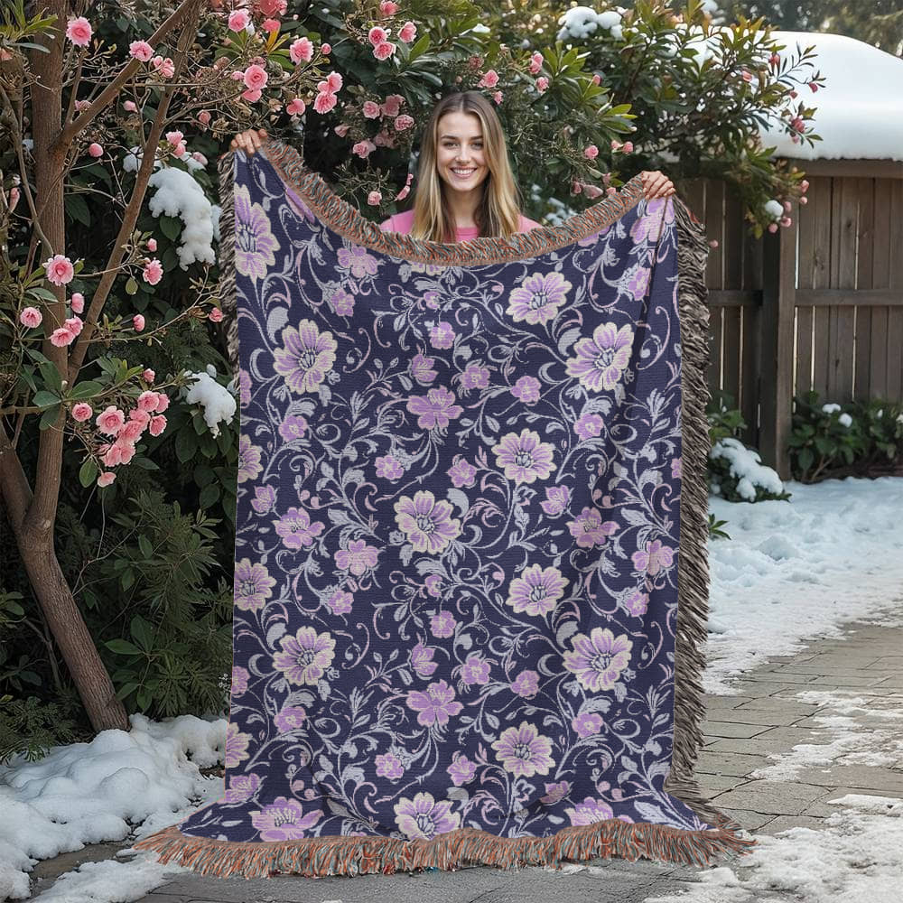 Blue And Purple Floral Pattern 006 - 60" x 80" Heirloom Woven Blanket