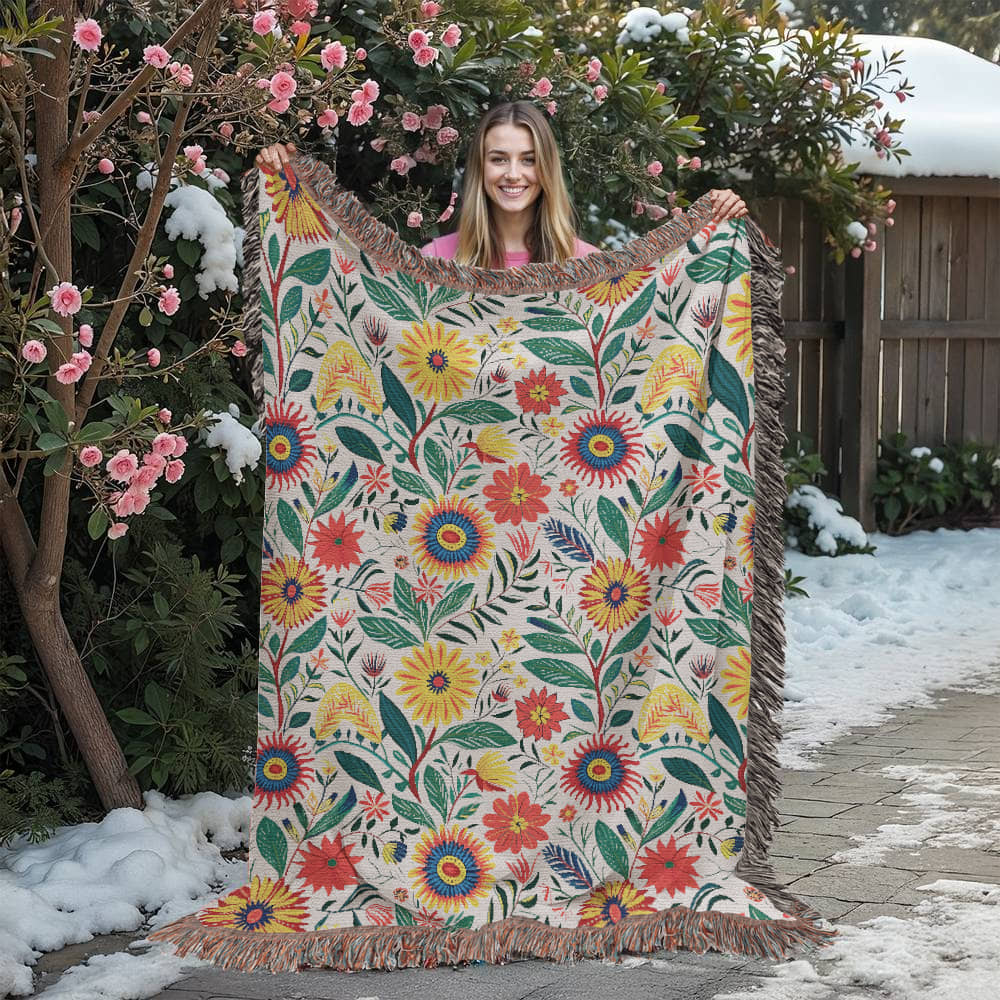Mexican Floral Fiesta Pattern 023 - 60" x 80" Heirloom Woven Blanket