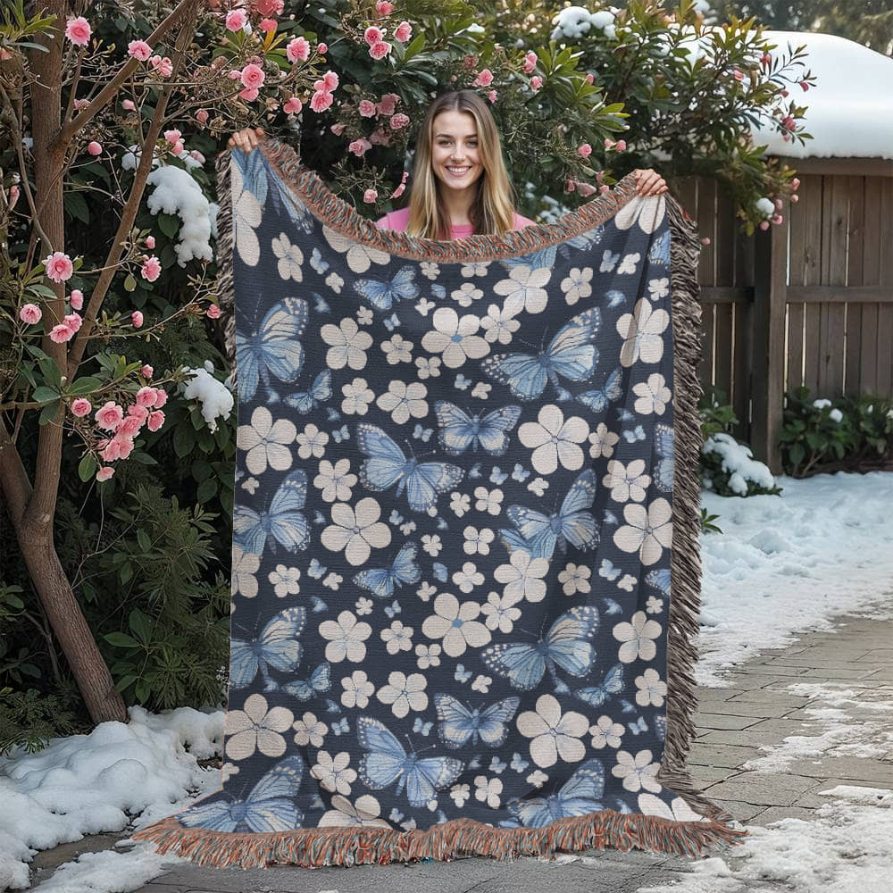 Butterflies And Flowers Pattern 005 - 60" x 80" Heirloom Woven Blanket