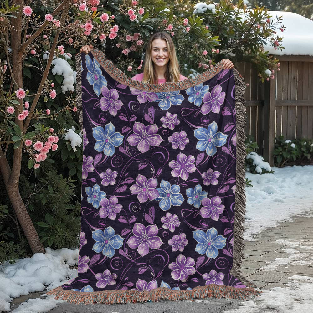 Blue And Purple Floral Pattern 009 - 60" x 80" Heirloom Woven Blanket