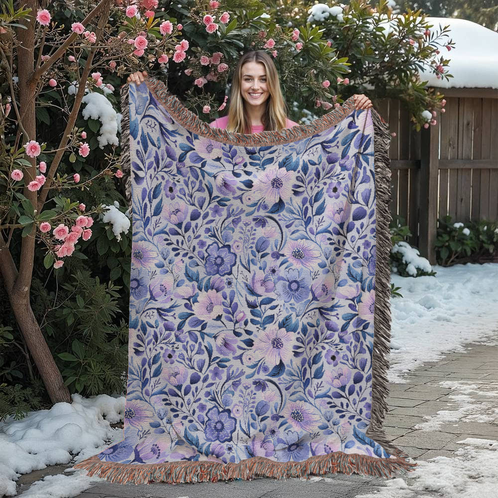 Blue And Purple Floral Pattern 017 - 60" x 80" Heirloom Woven Blanket