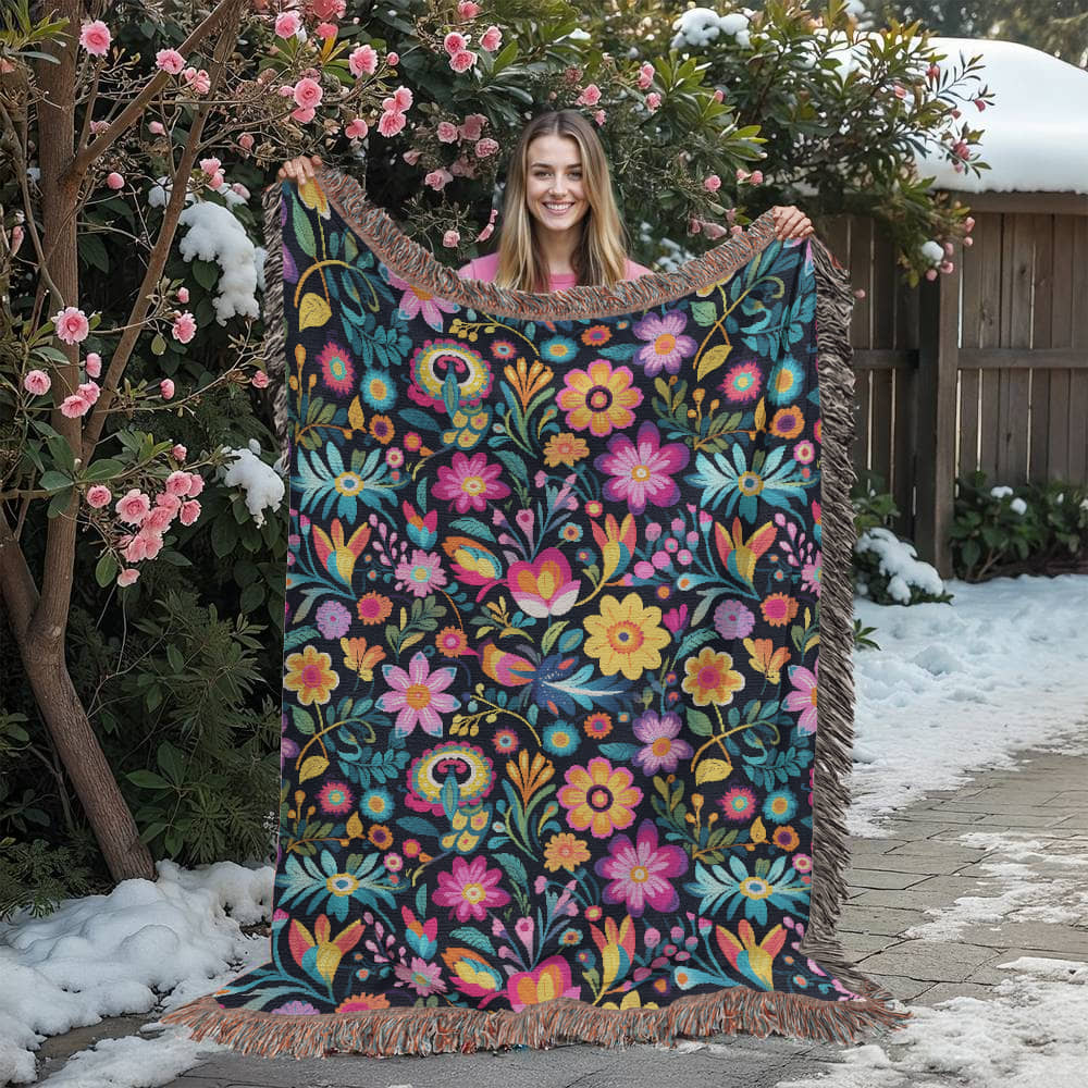 Mexican Floral Fiesta Pattern 055 - 60" x 80" Heirloom Woven Blanket