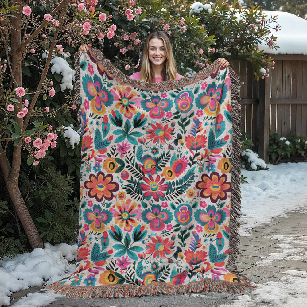 Mexican Floral Fiesta Pattern 051 - 60" x 80" Heirloom Woven Blanket