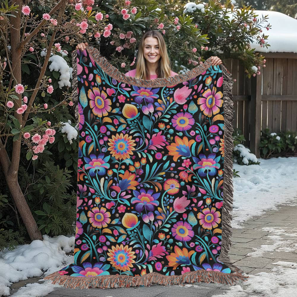 Mexican Floral Fiesta Pattern 057 - 60" x 80" Heirloom Woven Blanket