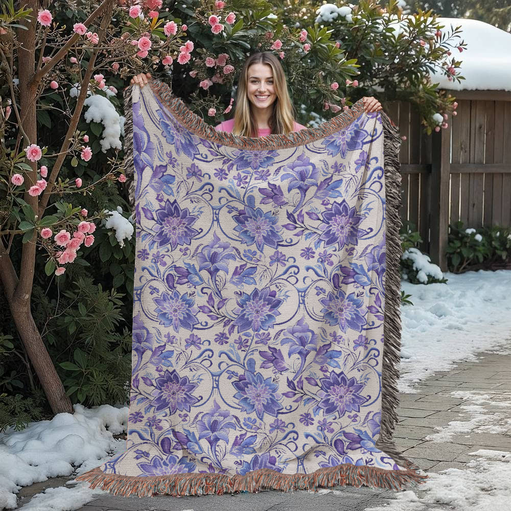 Blue And Purple Floral Pattern 004 - 60" x 80" Heirloom Woven Blanket