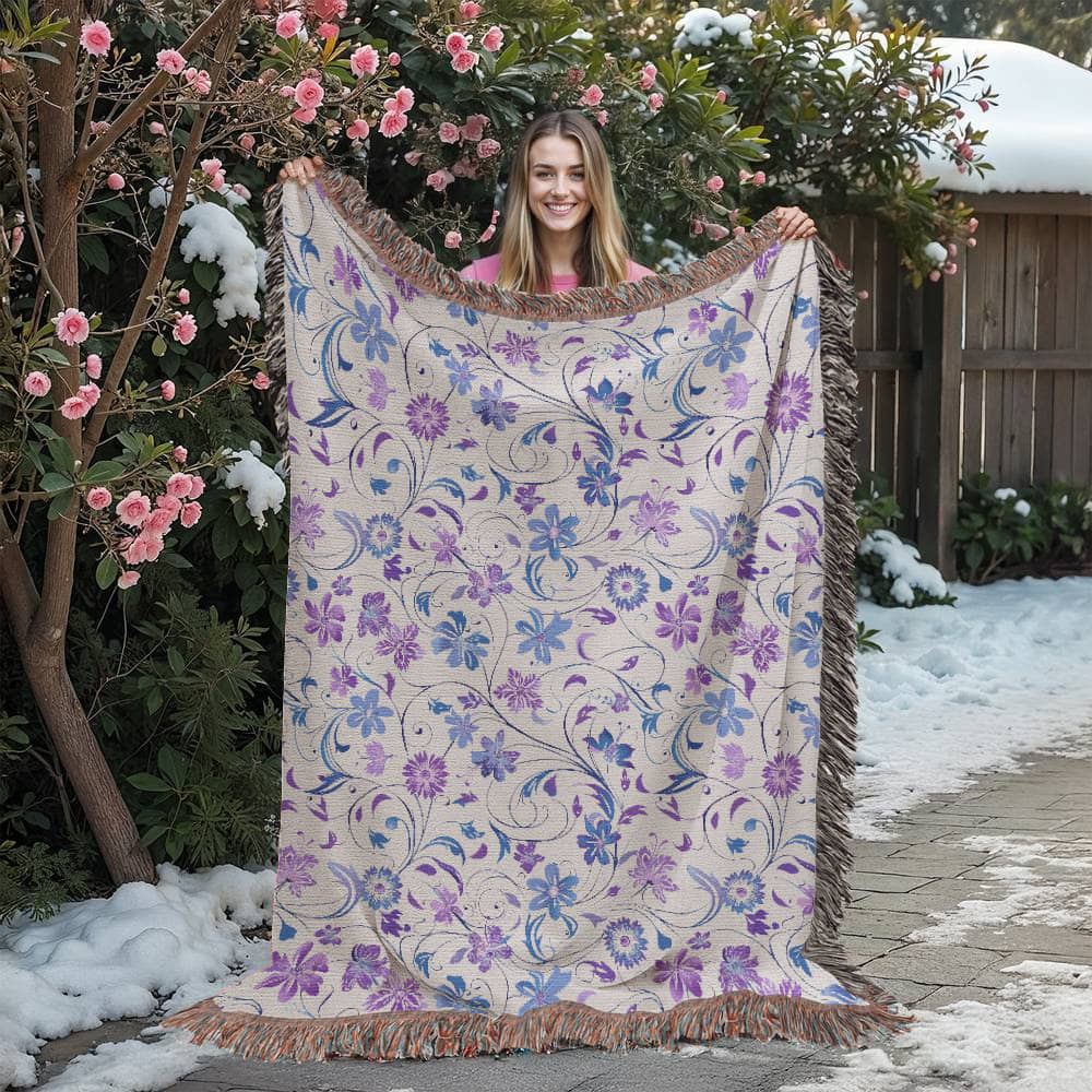 Blue And Purple Floral Pattern 012 - 60" x 80" Heirloom Woven Blanket
