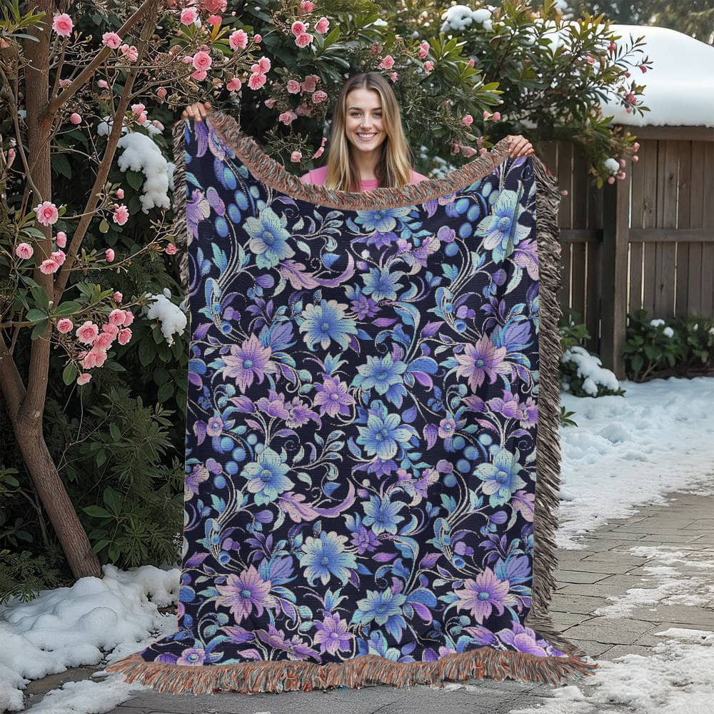 Blue And Purple Floral Pattern 025 - 60" x 80" Heirloom Woven Blanket
