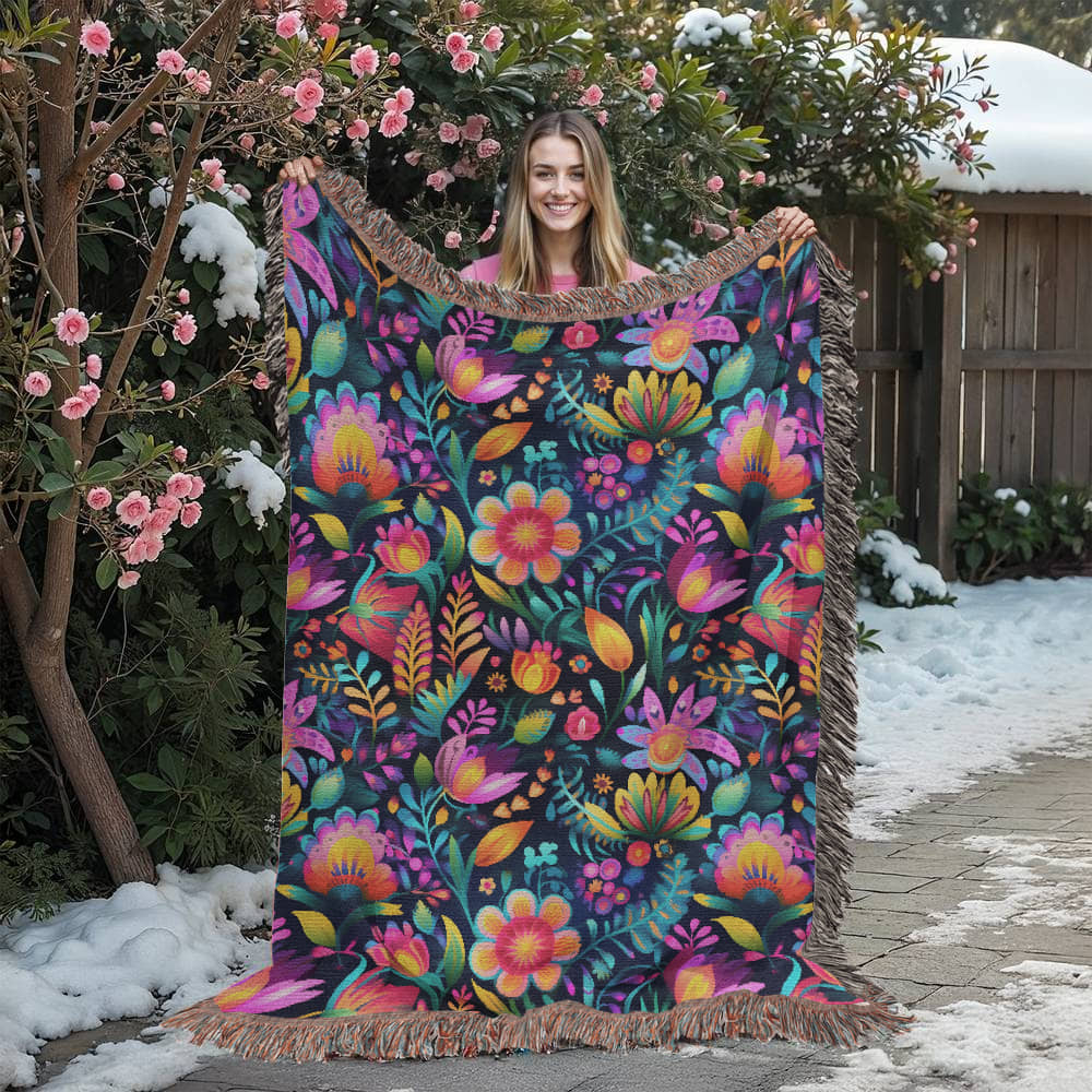 Mexican Floral Fiesta Pattern 056 - 60" x 80" Heirloom Woven Blanket