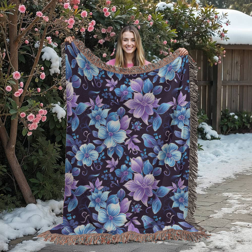 Blue And Purple Floral Pattern 021 - 60" x 80" Heirloom Woven Blanket