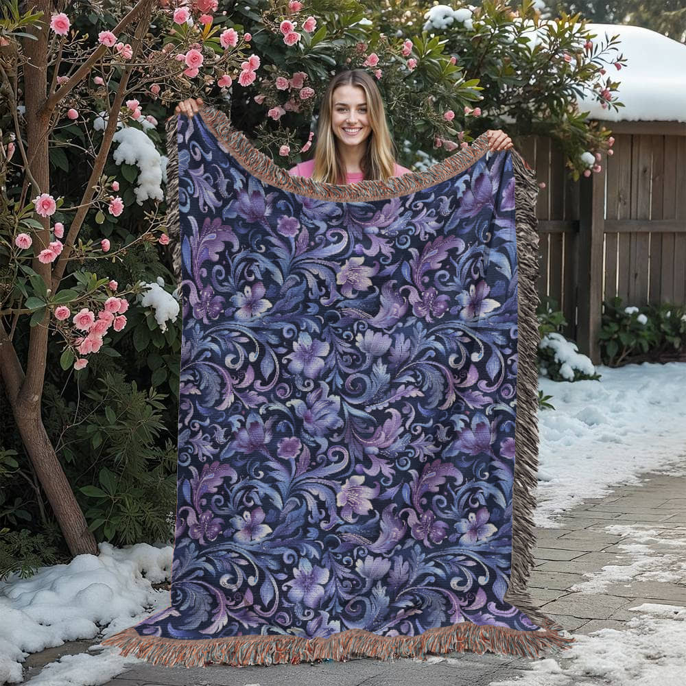 Blue And Purple Floral Pattern 023 - 60" x 80" Heirloom Woven Blanket