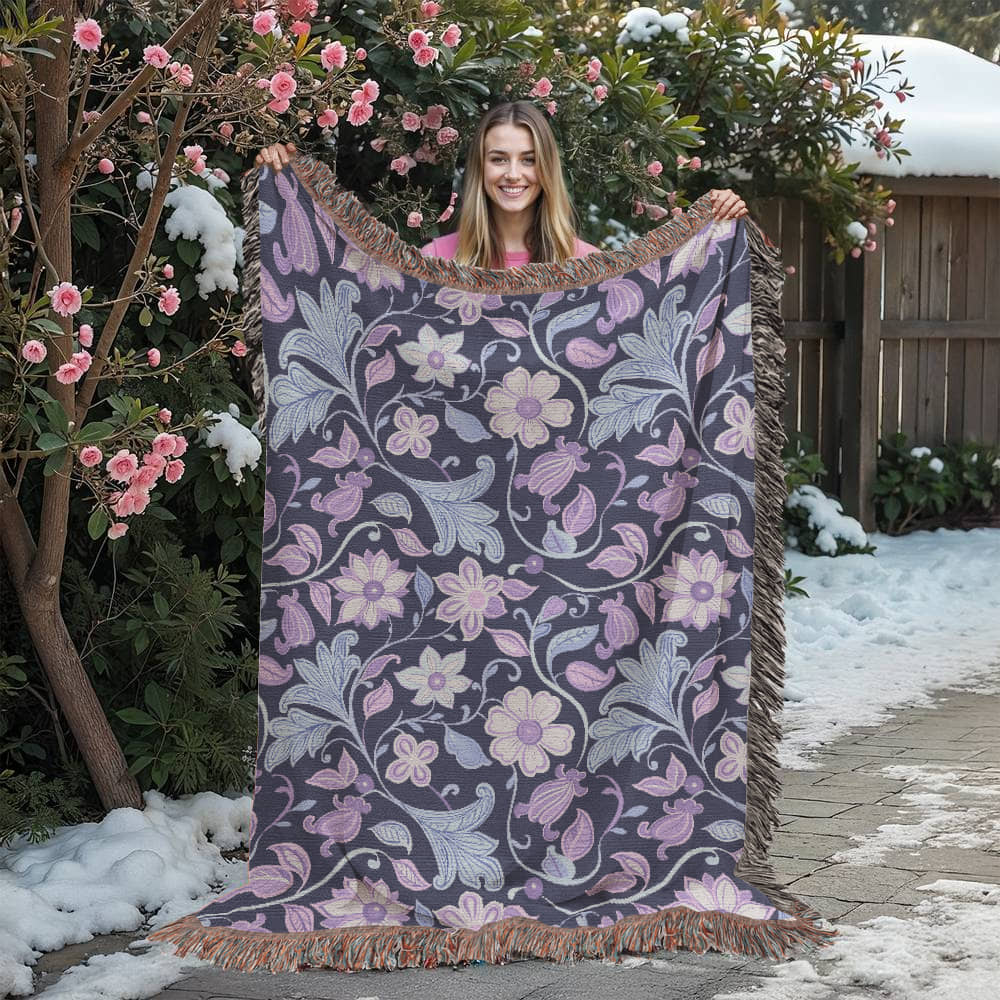 Blue And Purple Floral Pattern 008 - 60" x 80" Heirloom Woven Blanket