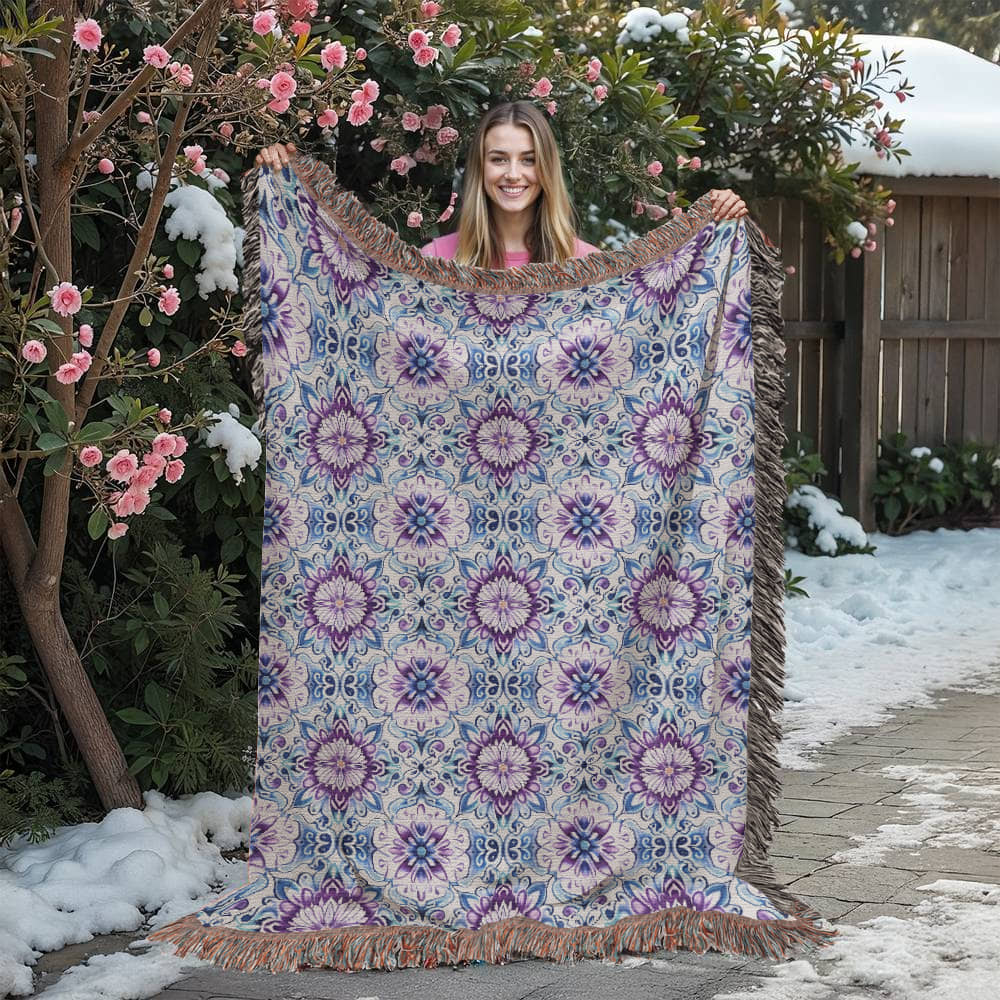 Blue And Purple Floral Pattern 020 - 60" x 80" Heirloom Woven Blanket
