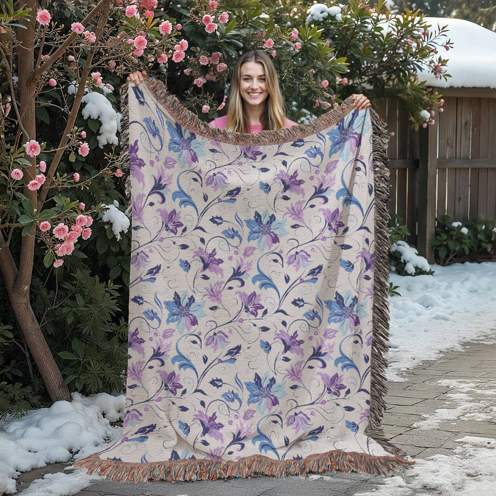 Blue And Purple Floral Pattern 022 - 60" x 80" Heirloom Woven Blanket