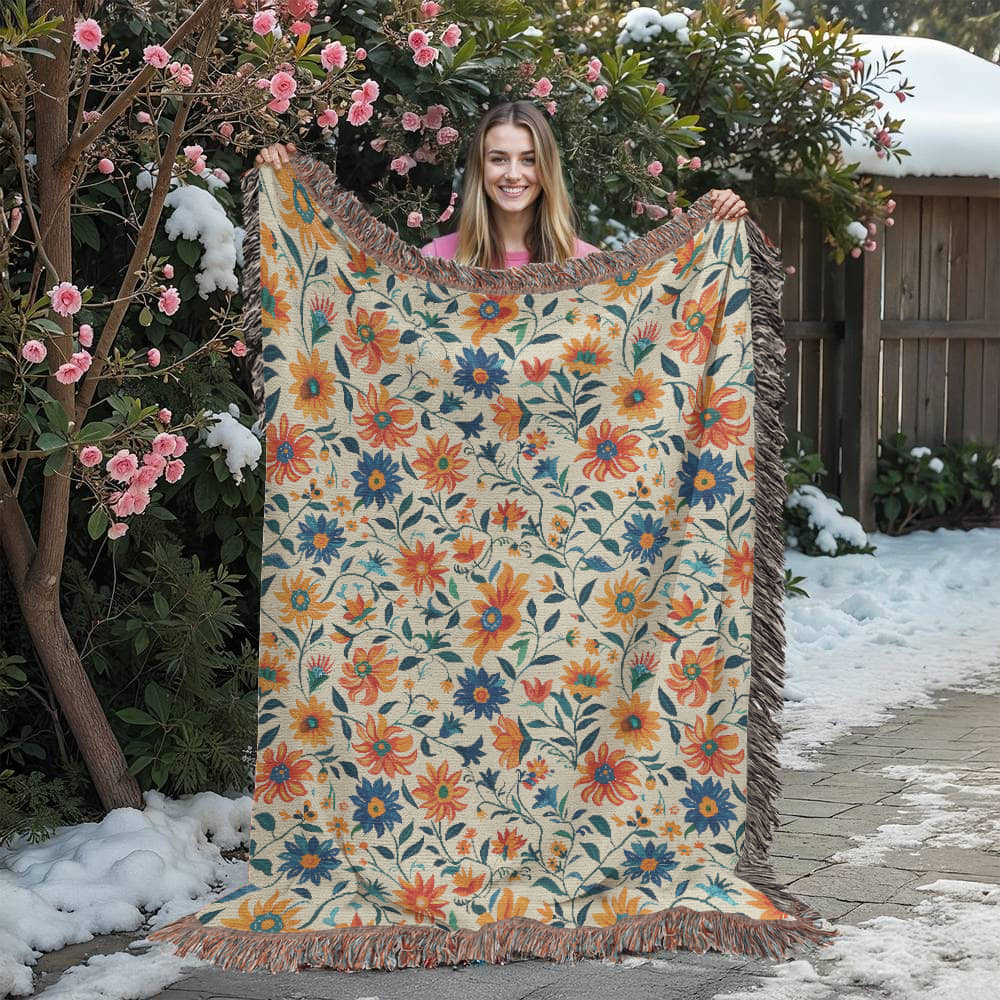 Mexican Floral Fiesta Pattern 012 - 60" x 80" Heirloom Woven Blanket