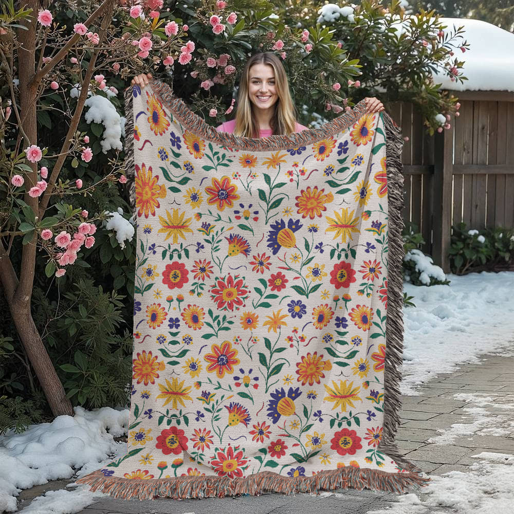 Mexican Floral Fiesta Pattern 024 - 60" x 80" Heirloom Woven Blanket