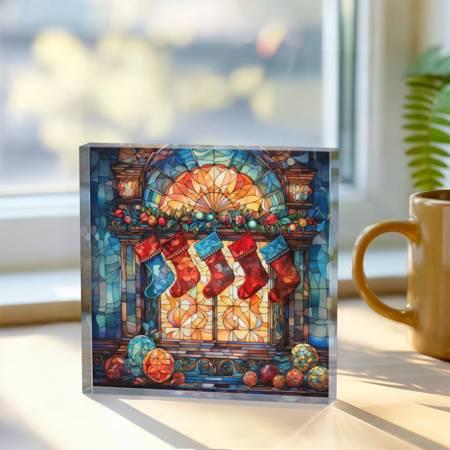Christmas Stained Glass Style Design 005 - 6" x 6" Acrylic Block
