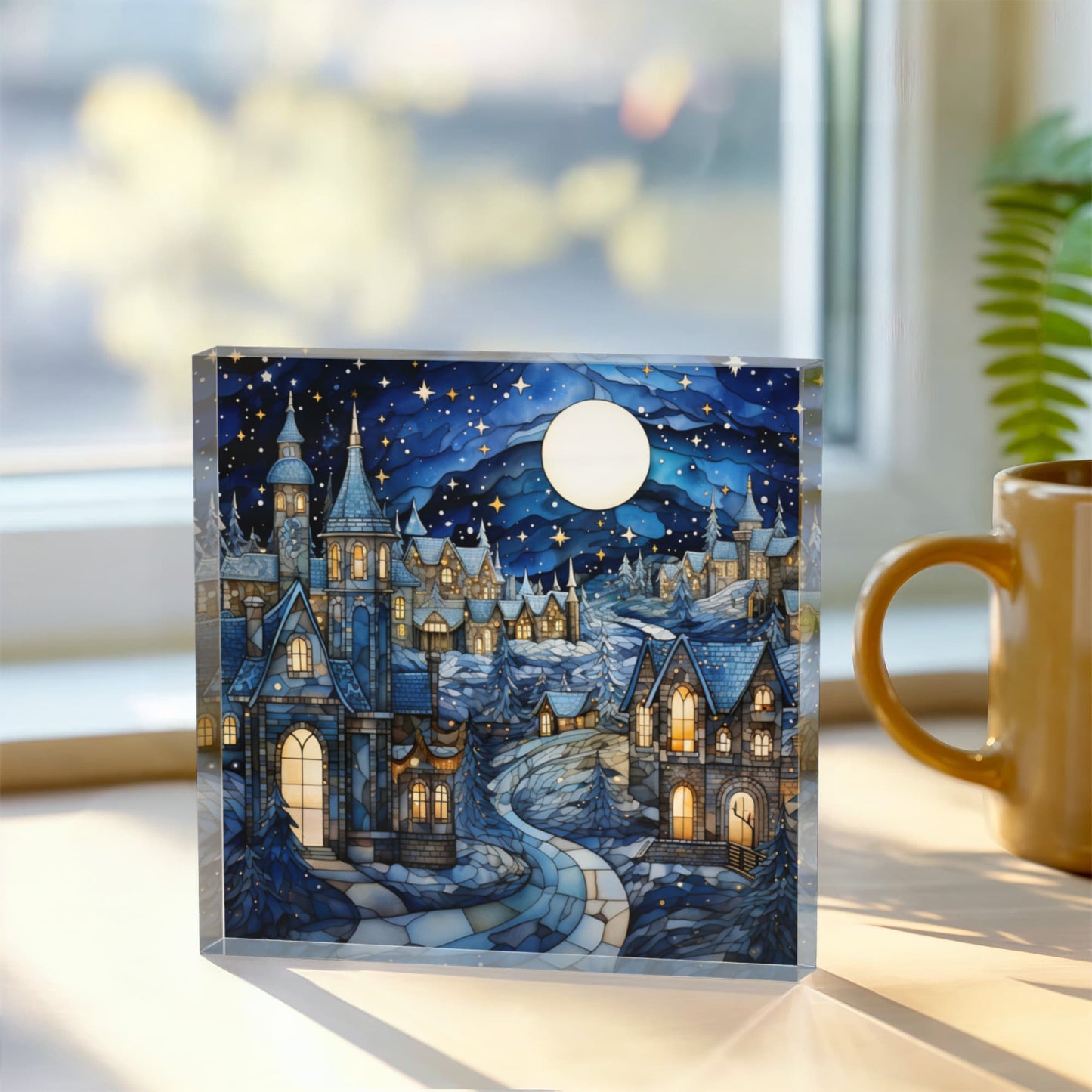 Christmas Stained Glass Style Design 022 - 6" x 6" Acrylic Block