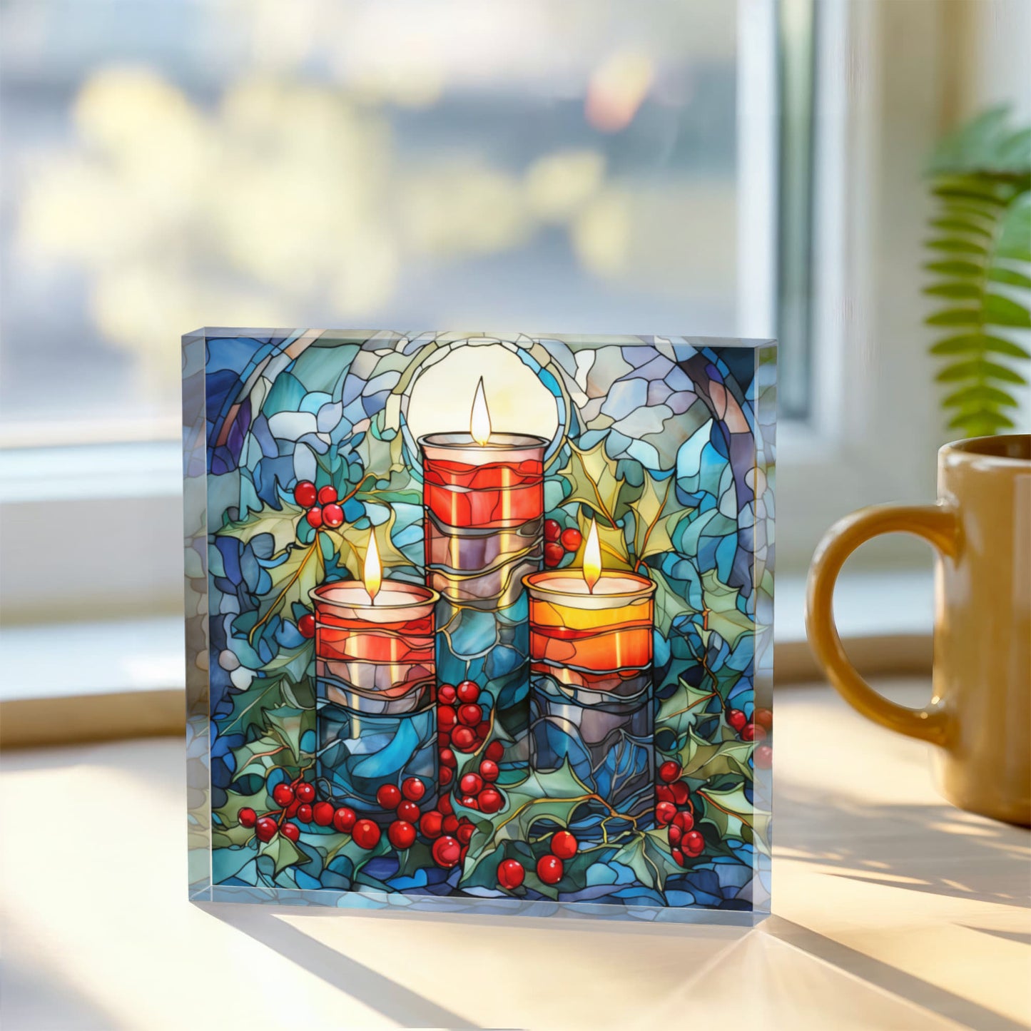 Christmas Stained Glass Style Design 003 - 6" x 6" Acrylic Block