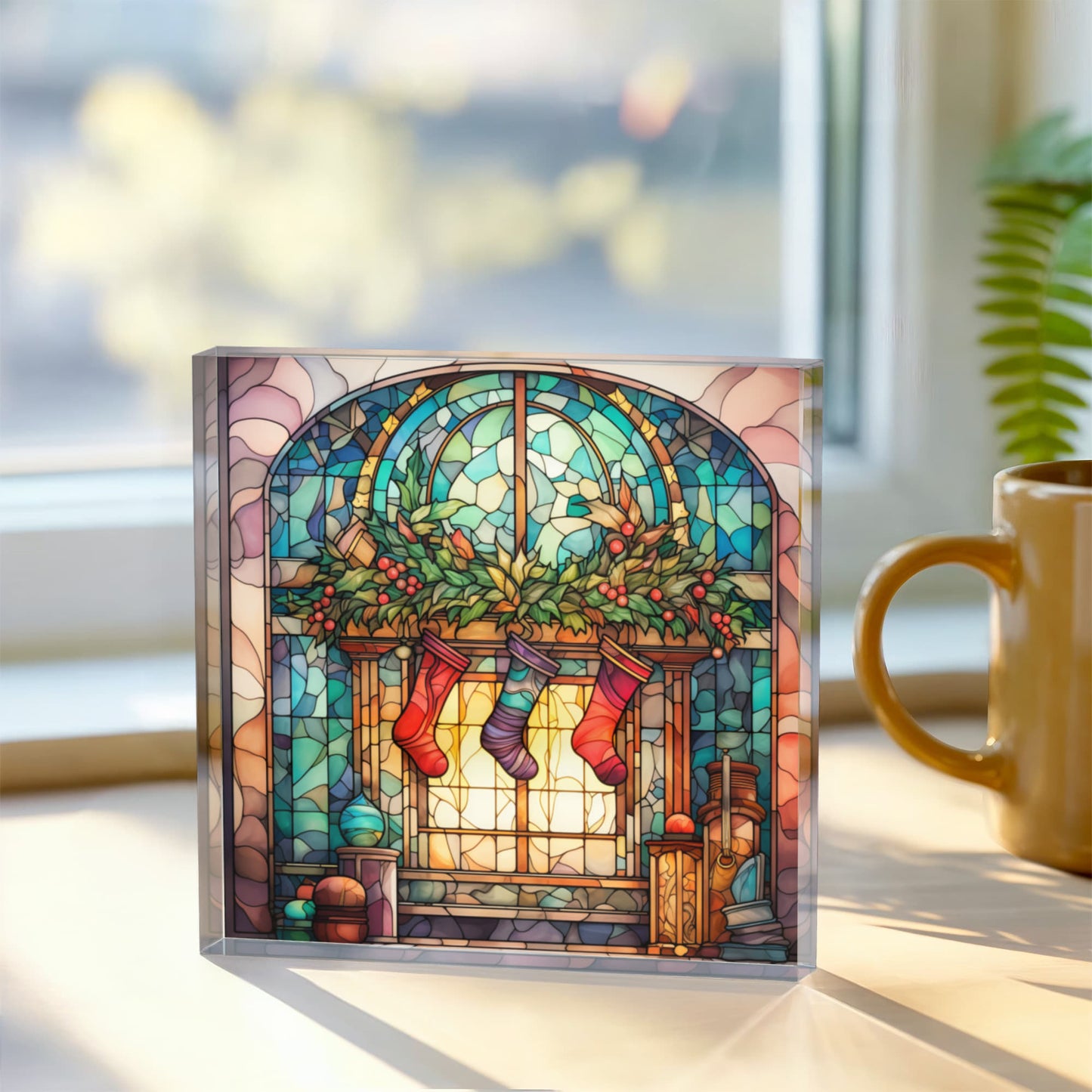 Christmas Stained Glass Style Design 015 - 6" x 6" Acrylic Block