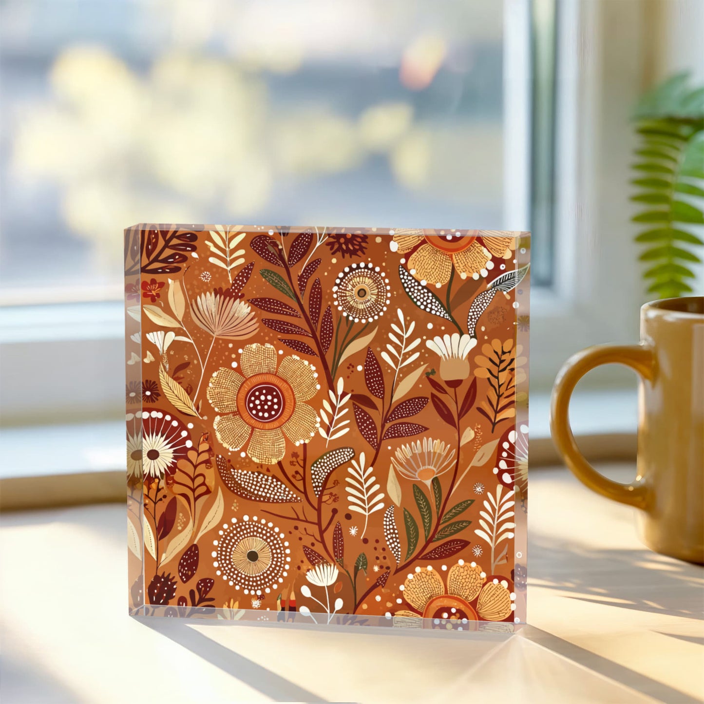 Folk Floral Pattern, Aboriginal Inspired 01 - 6" x 6" Acrylic Block