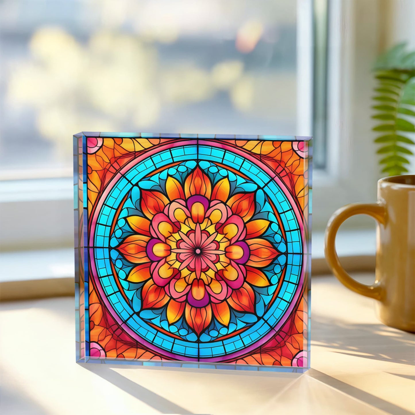 Mandala Stained Glass Style Design 009 - 6" x 6" Acrylic Block