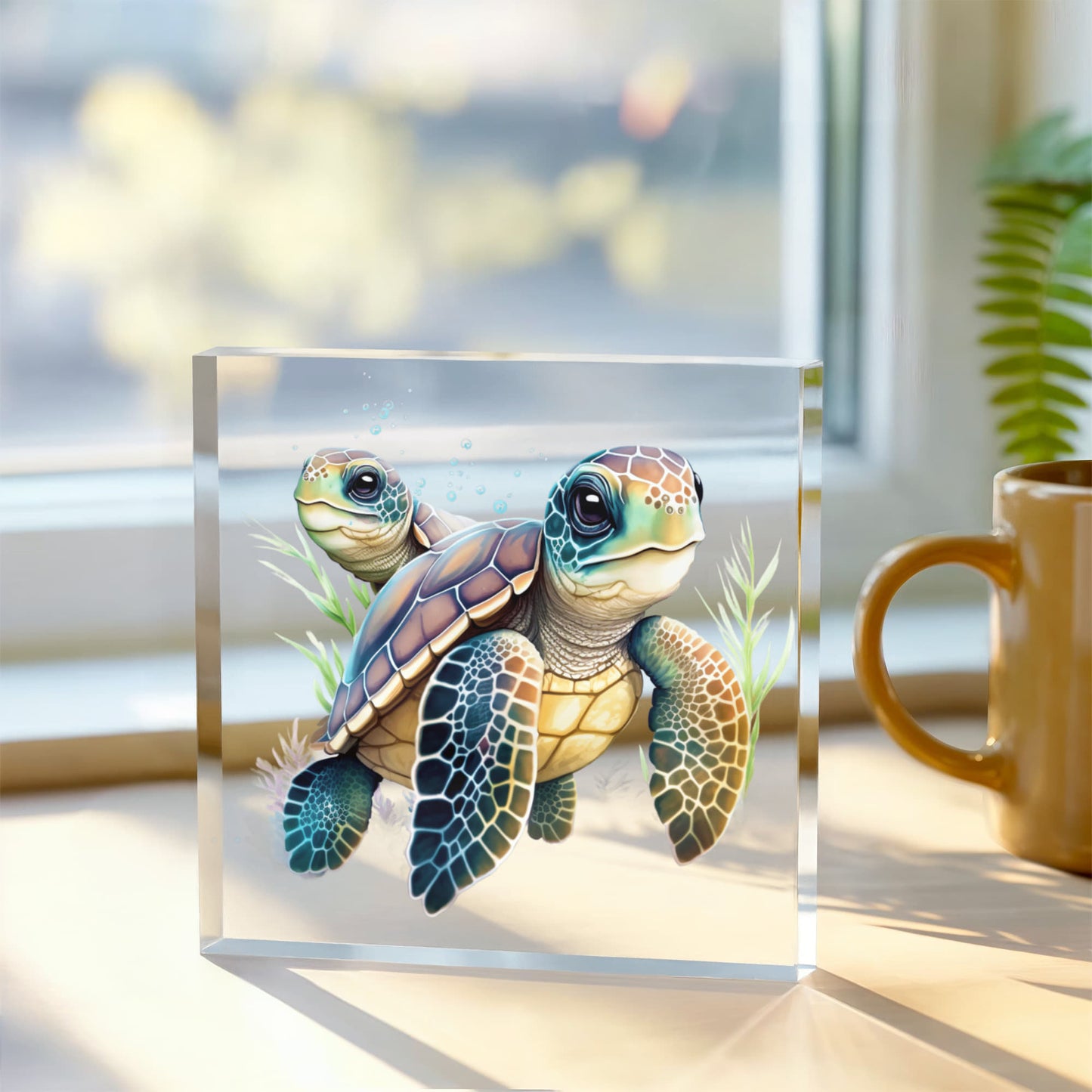 Cute Sea Turtle 010 - 6" x 6" Acrylic Block