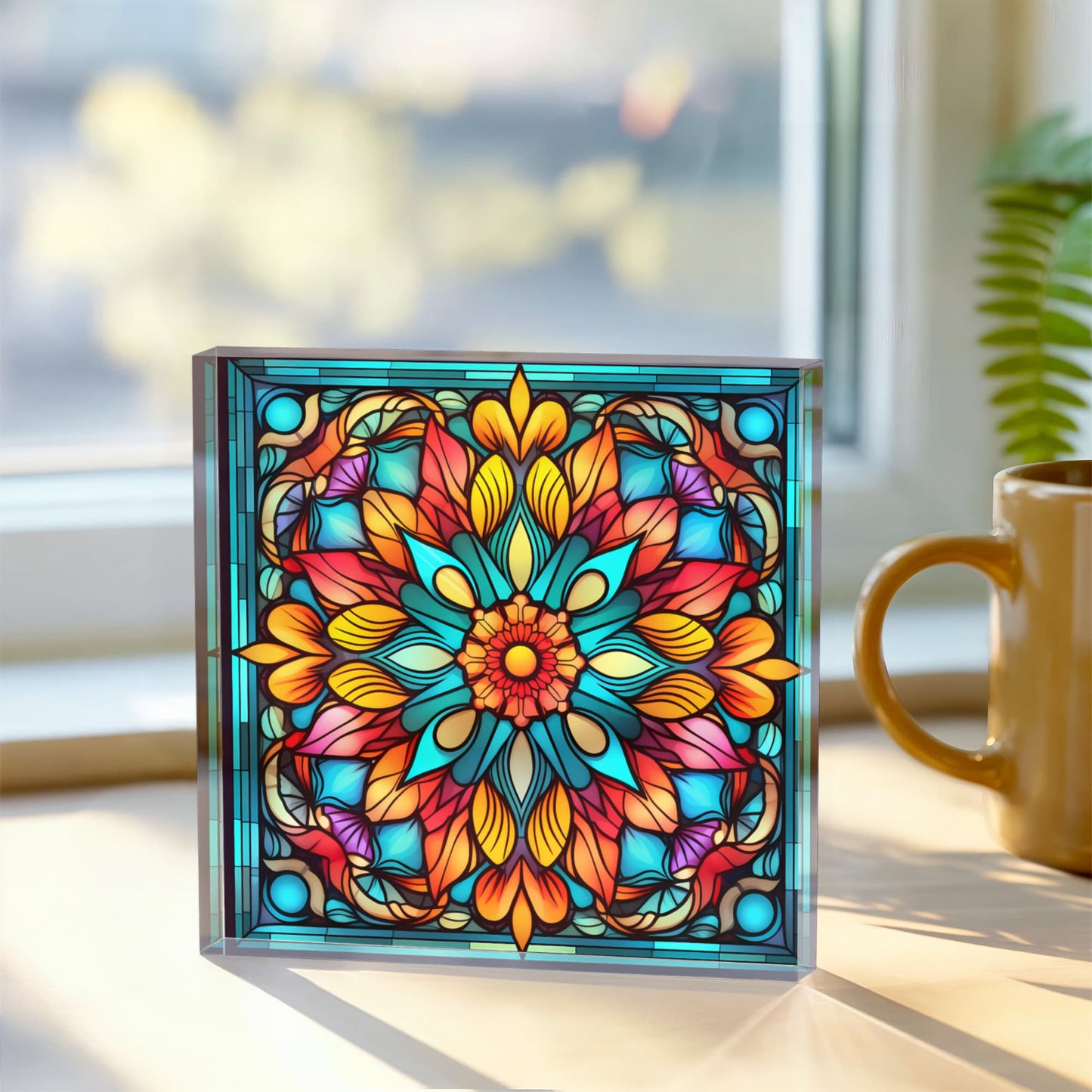 Mandala Stained Glass Style Design 004 - 6" x 6" Acrylic Block