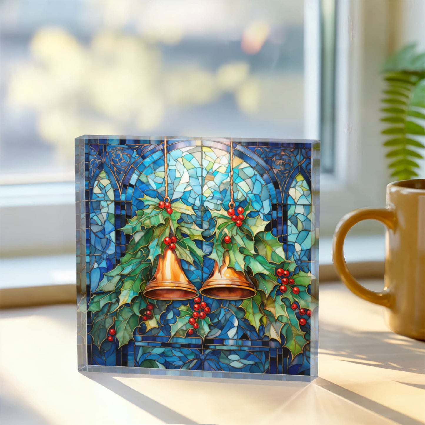 Christmas Stained Glass Style Design 027 - 6" x 6" Acrylic Block