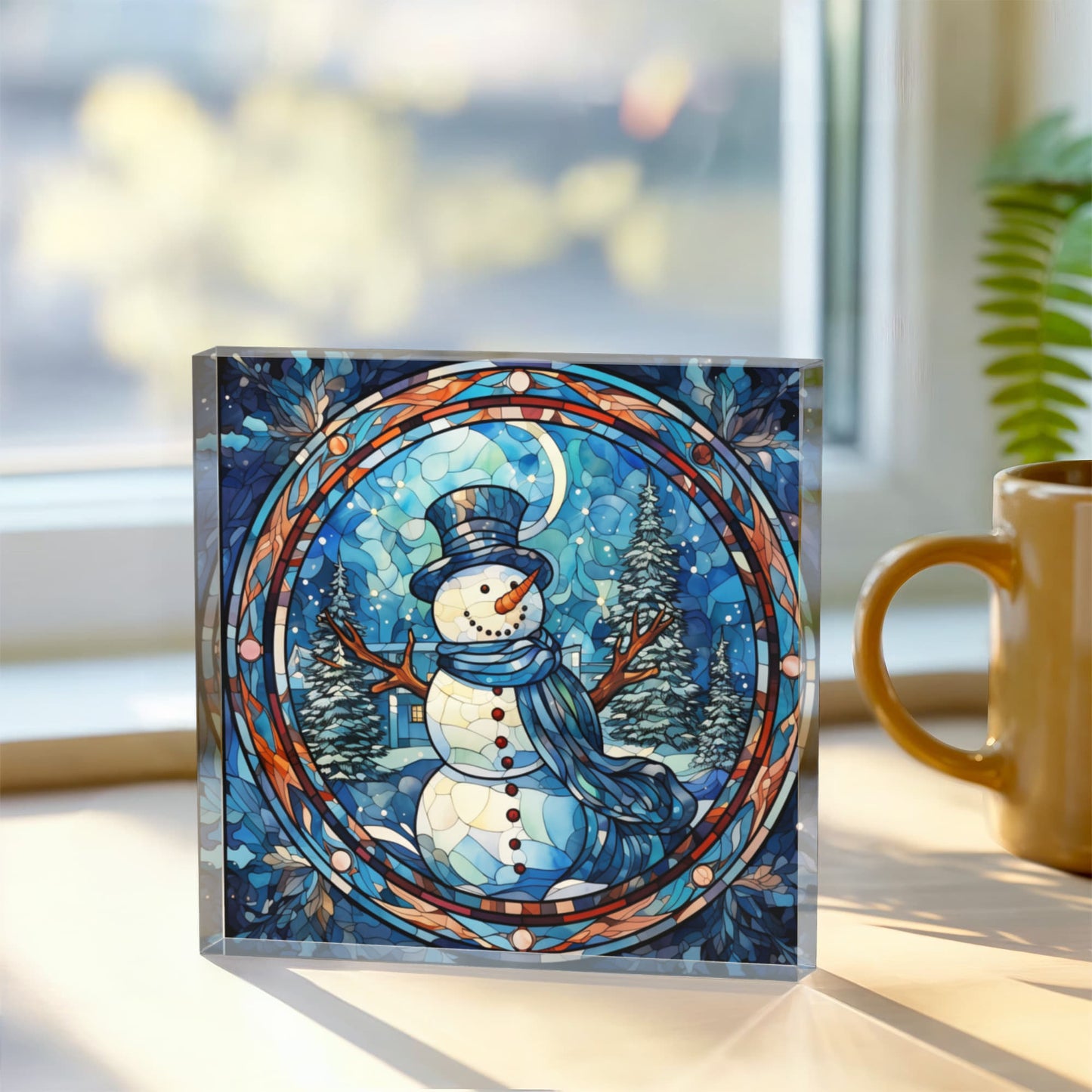 Christmas Stained Glass Style Design 026 - 6" x 6" Acrylic Block