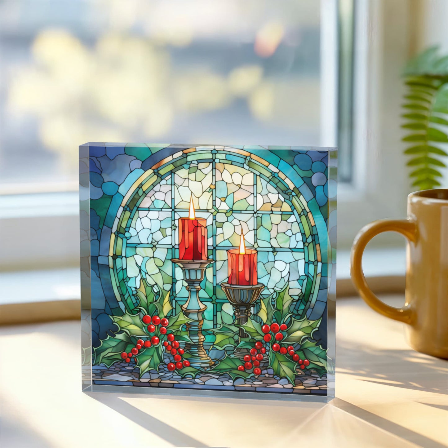 Christmas Stained Glass Style Design 016 - 6" x 6" Acrylic Block