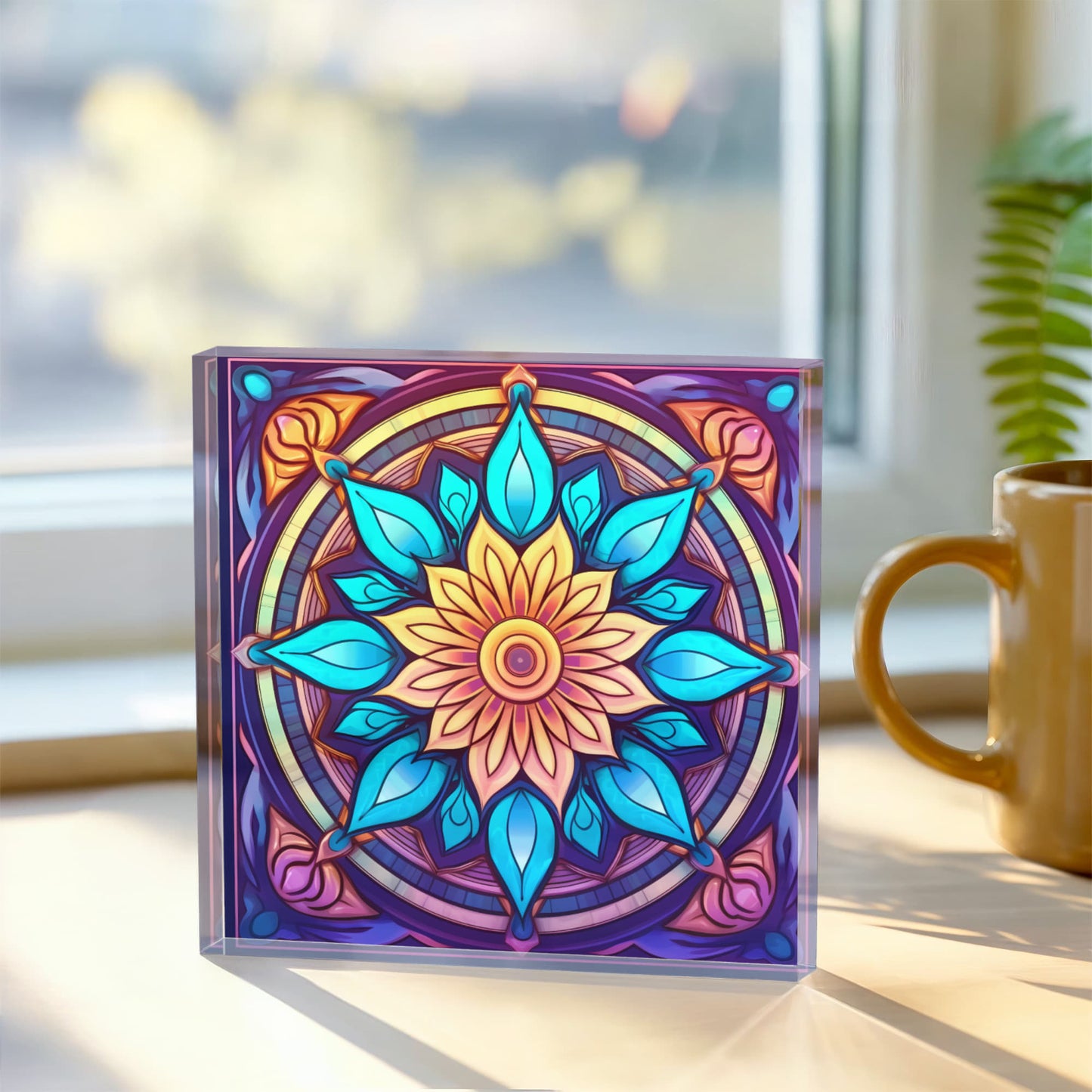 Mandala Stained Glass Style Design 001 - 6" x 6" Acrylic Block