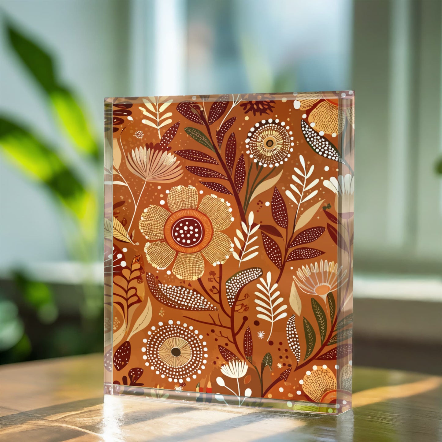 Folk Floral Pattern, Aboriginal Inspired 01 - 5.25" x 7" Acrylic Block