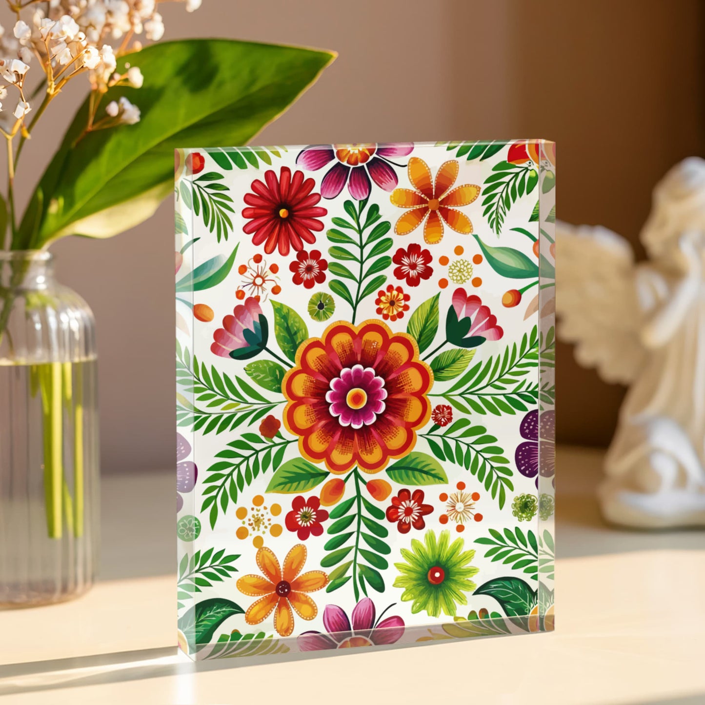 Folk Floral Pattern, Mexican Inspired 02 - 5.25" x 7" Acrylic Block