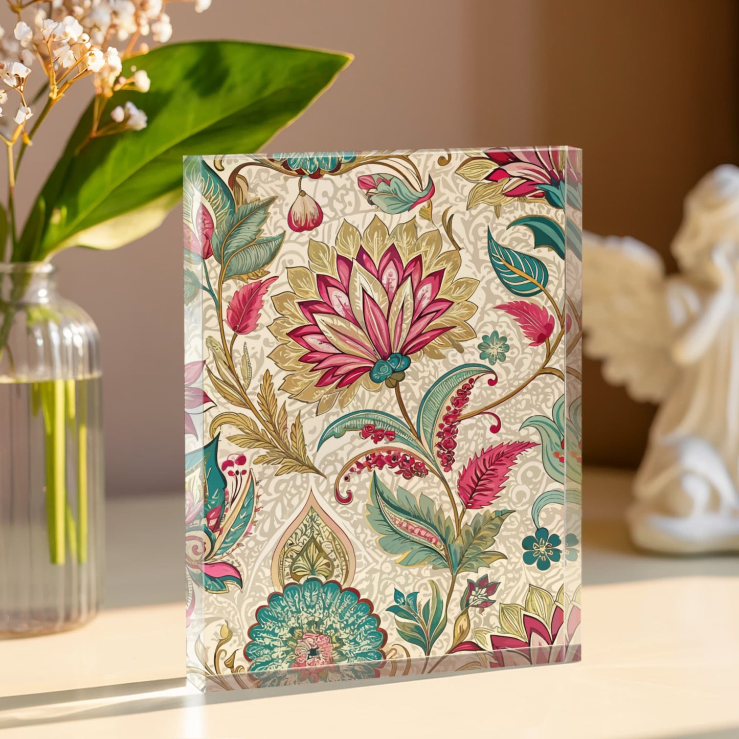 Folk Floral Pattern, Indian Inspired 04 - 5.25" x 7" Acrylic Block