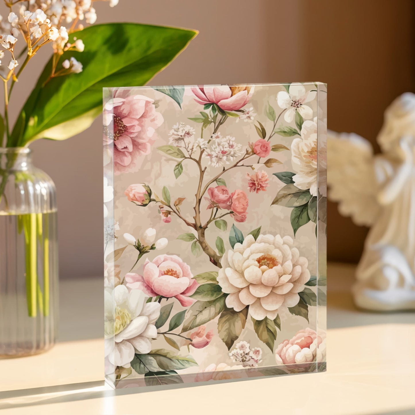 Folk Floral Pattern, Japanese Inspired 02 - 5.25" x 7" Acrylic Block