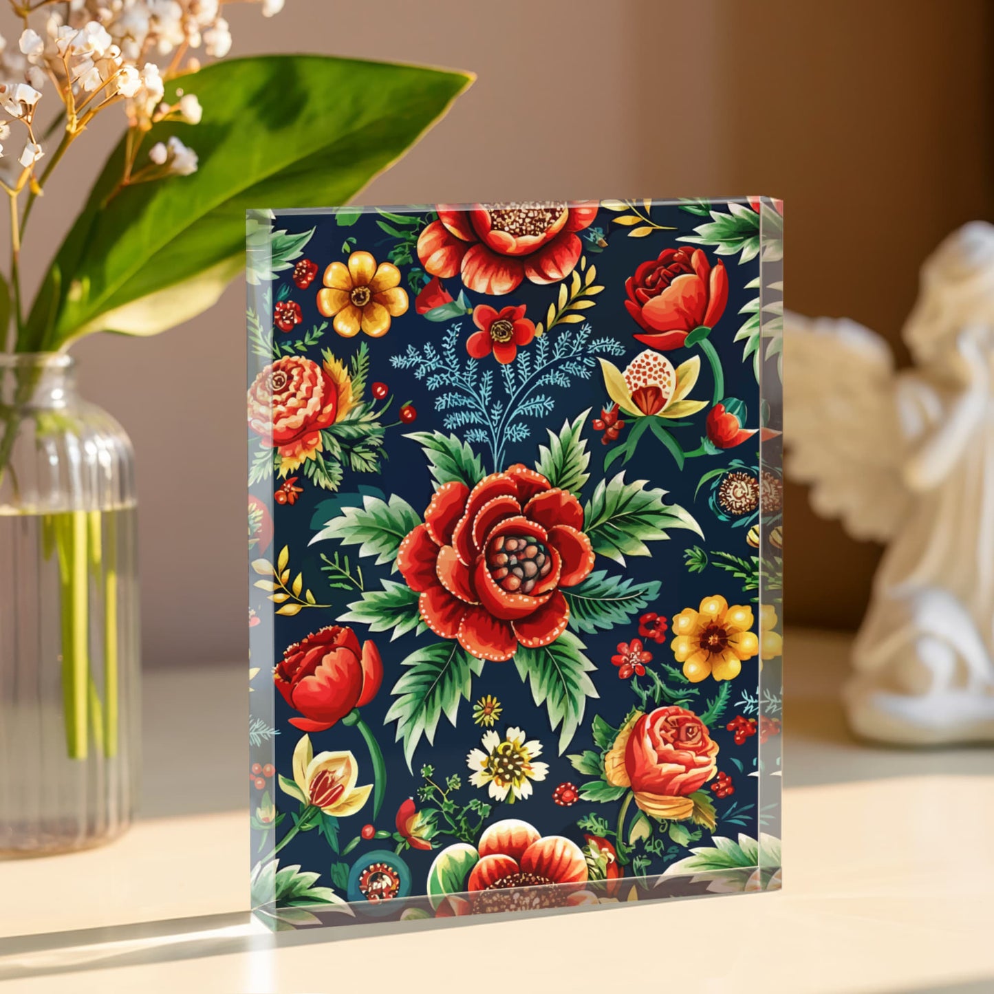 Folk Floral Pattern, Romanian Inspired 01 - 5.25" x 7" Acrylic Block
