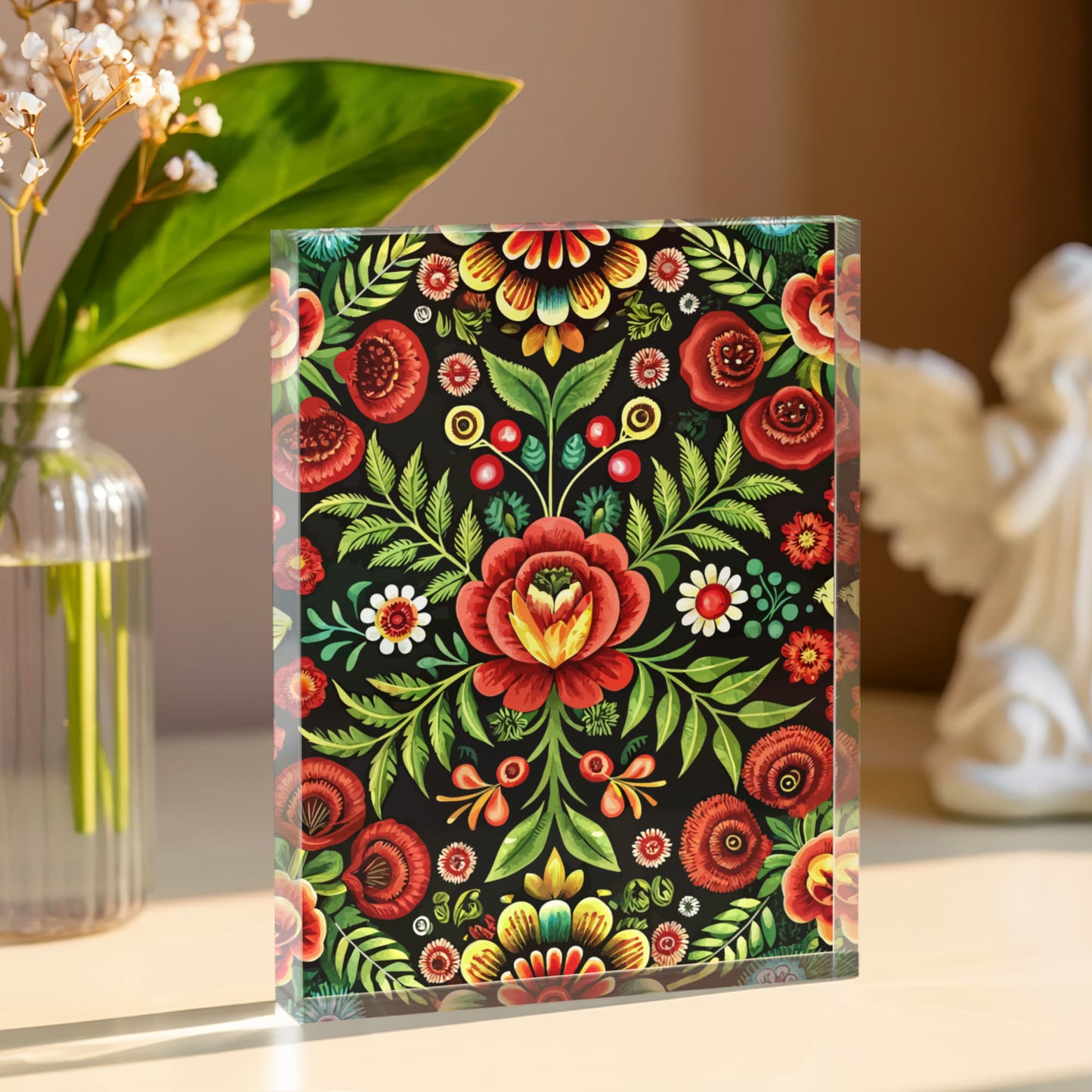 Folk Floral Pattern, Hungarian Inspired 03 - 5.25" x 7" Acrylic Block