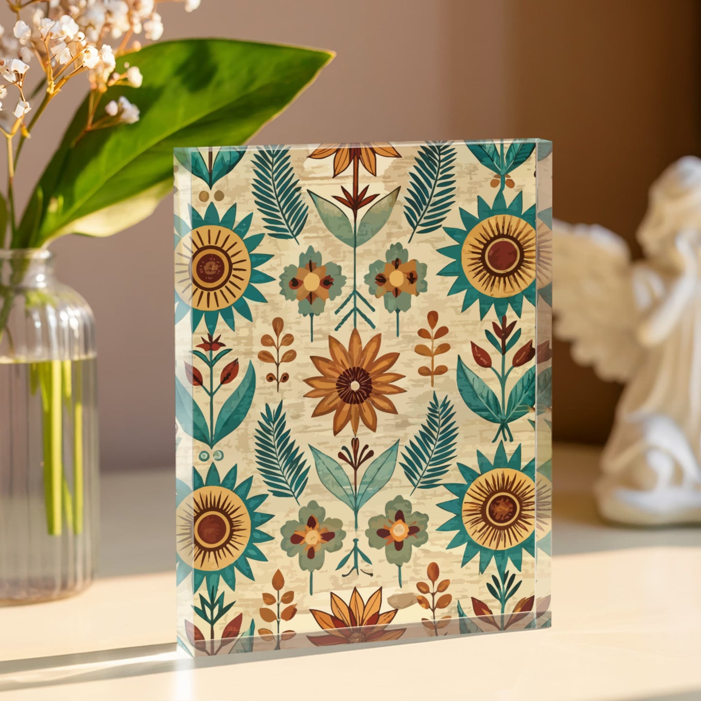 Folk Floral Pattern, Native American Inspired 03 - 5.25" x 7" Acrylic Block