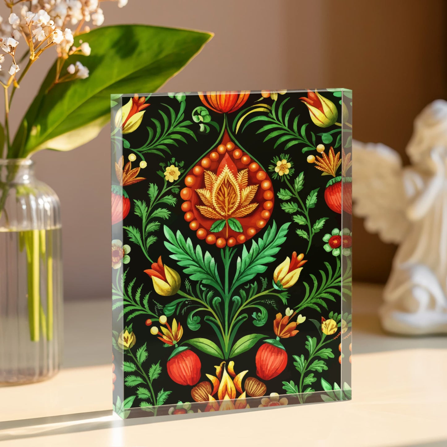 Folk Floral Pattern, Hungarian Inspired 01 - 5.25" x 7" Acrylic Block