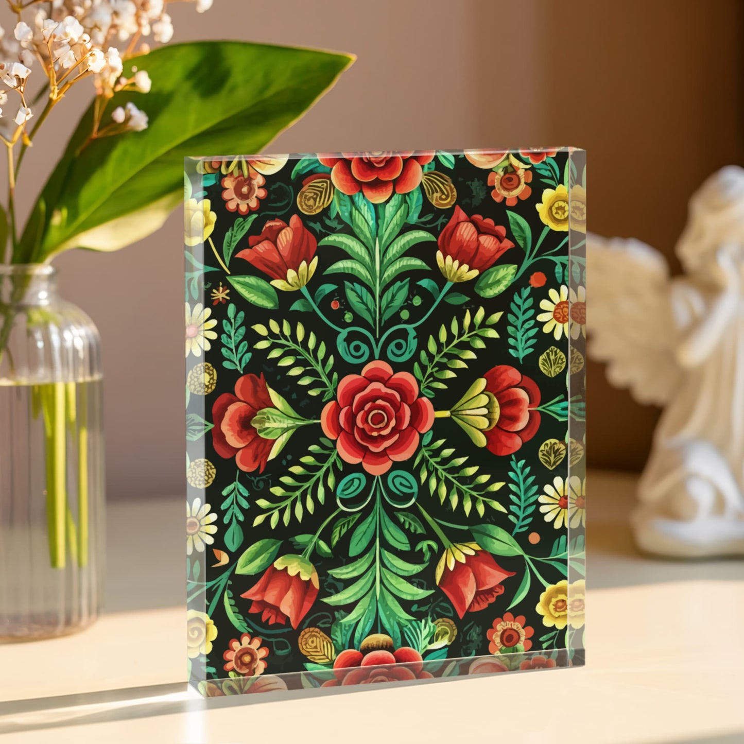 Folk Floral Pattern, Hungarian Inspired 06 - 5.25" x 7" Acrylic Block
