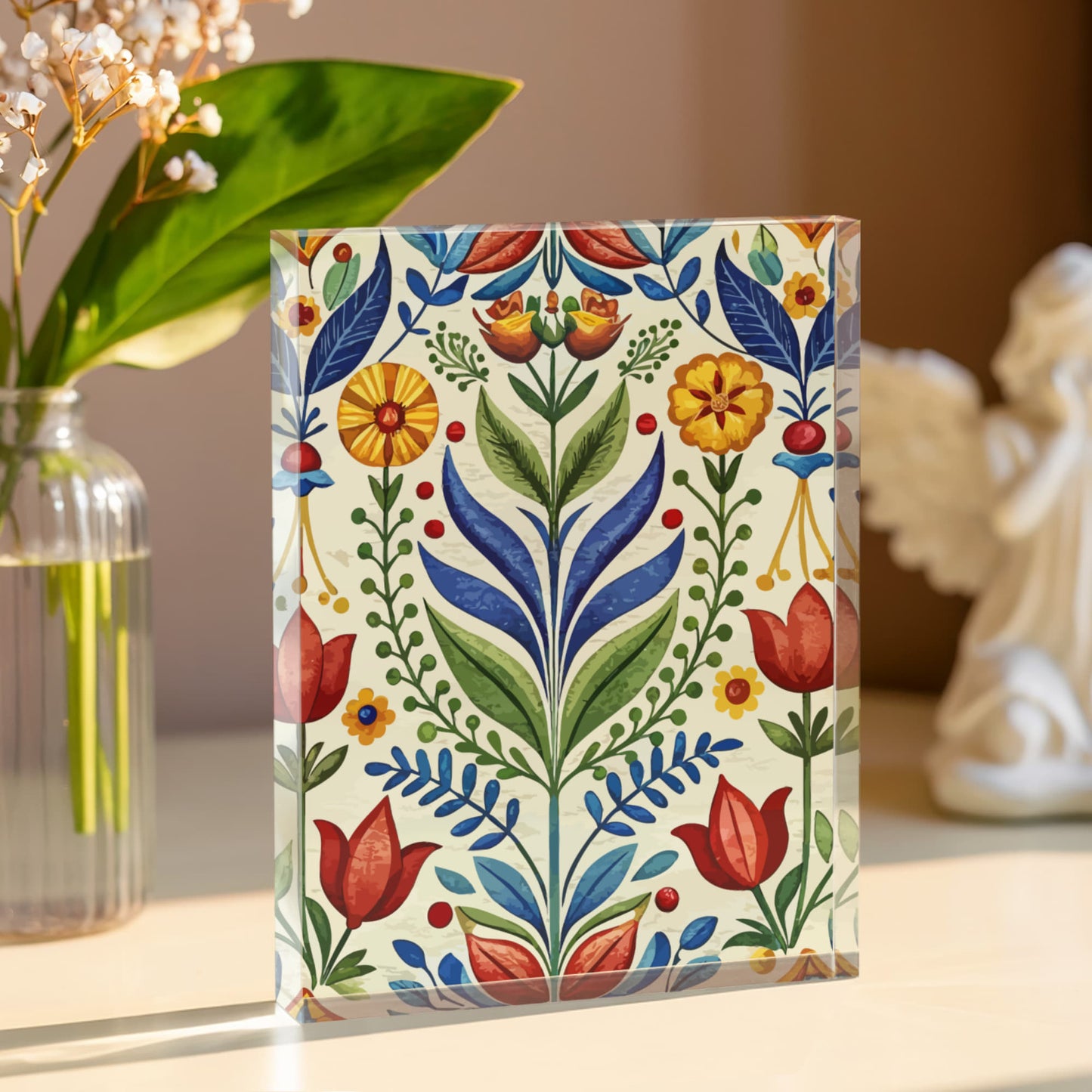 Folk Floral Pattern, Swedish Inspired 01 - 5.25" x 7" Acrylic Block