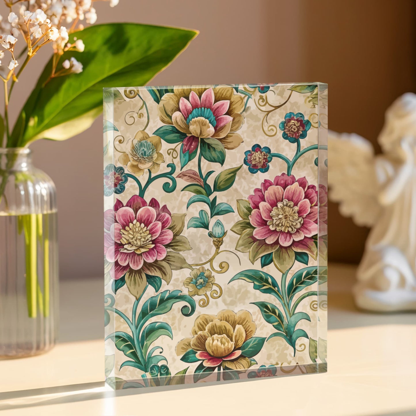 Folk Floral Pattern, Bhutanese Inspired 01 - 5.25" x 7" Acrylic Block
